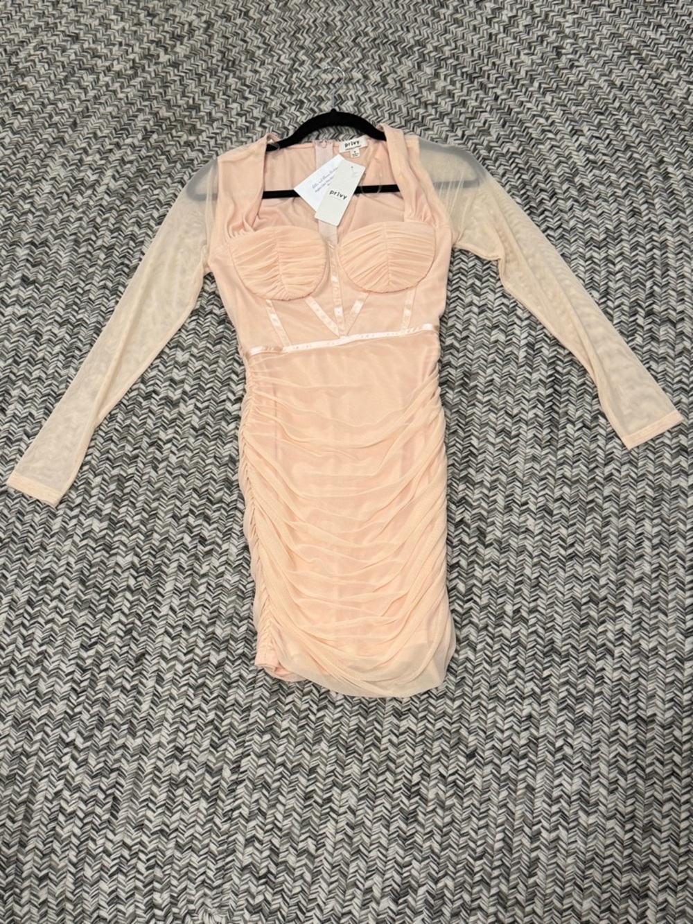 privy Blush Peach Long-Sleeve Mesh Ruched Bodycon Dress